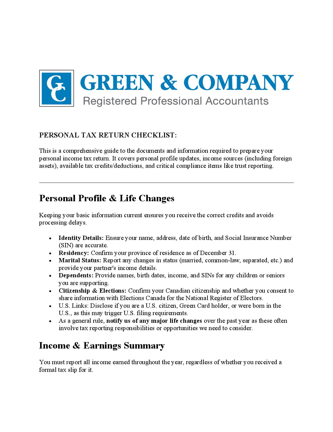 Tax Return Checklist updated 2026